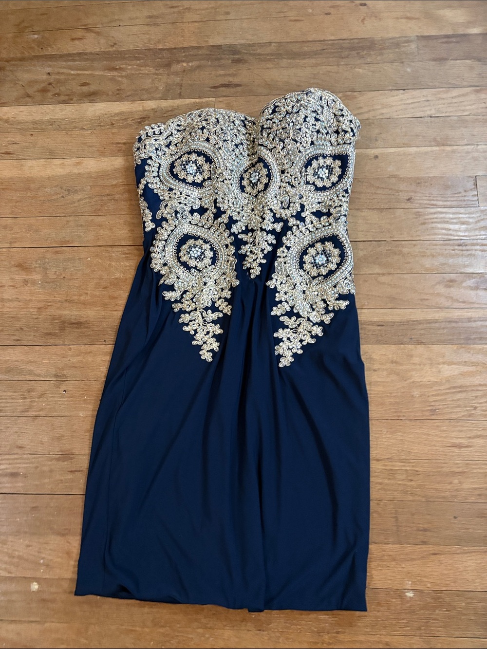 May Queen Navy Strapless Dress with Gold Embellished Bodice